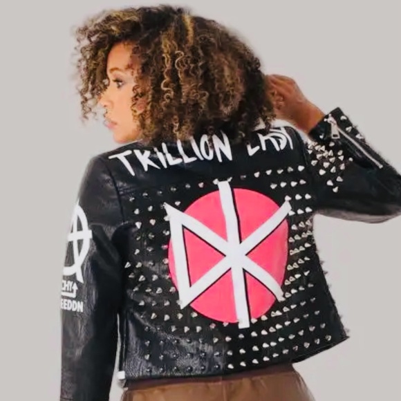 Jackets & Blazers - Studded Black vegan Leather Jacket with Pink and White Graphic